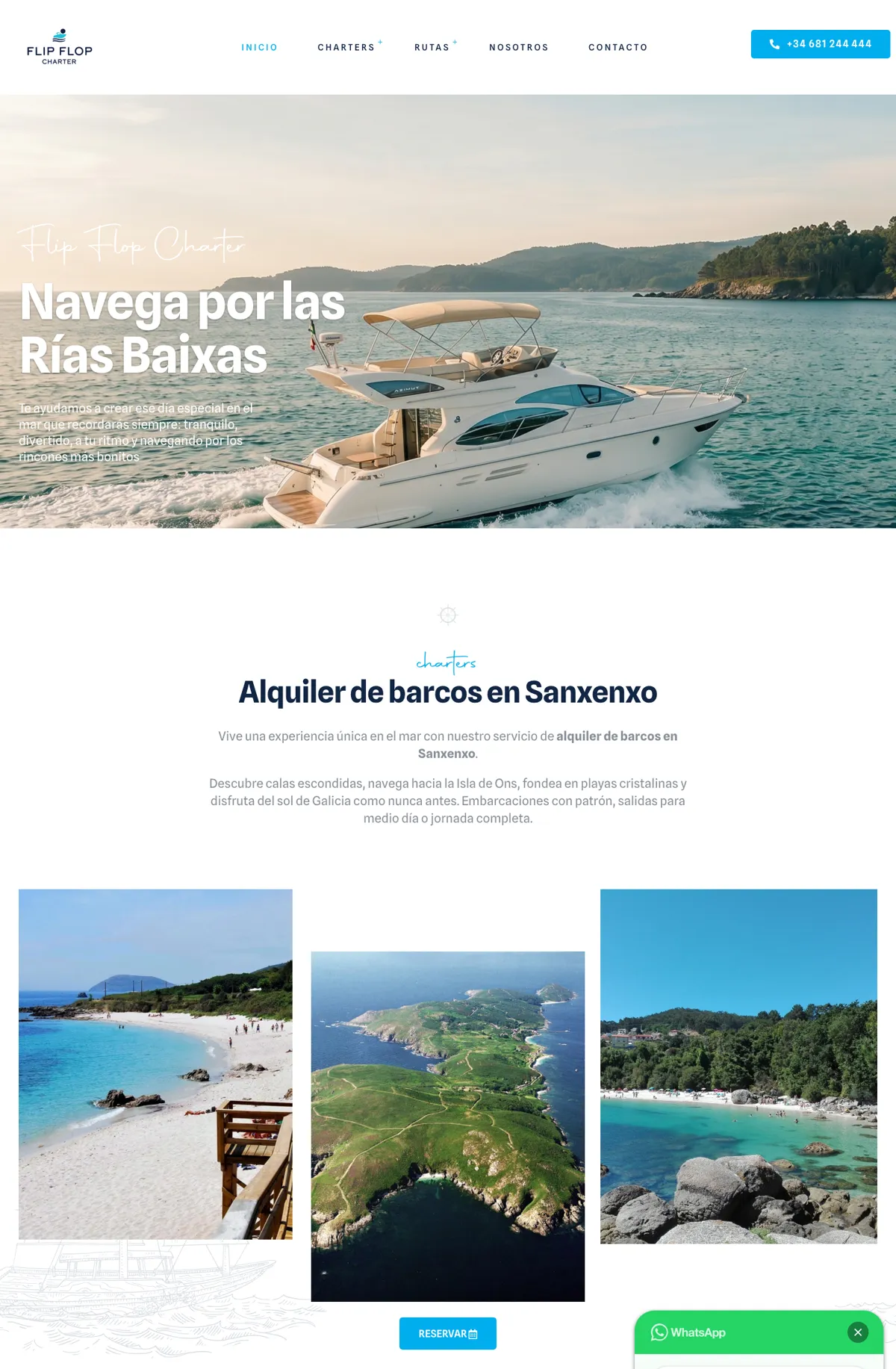Web de Flip Flop Charter en escritorio: alquiler de barcos en Sanxenxo