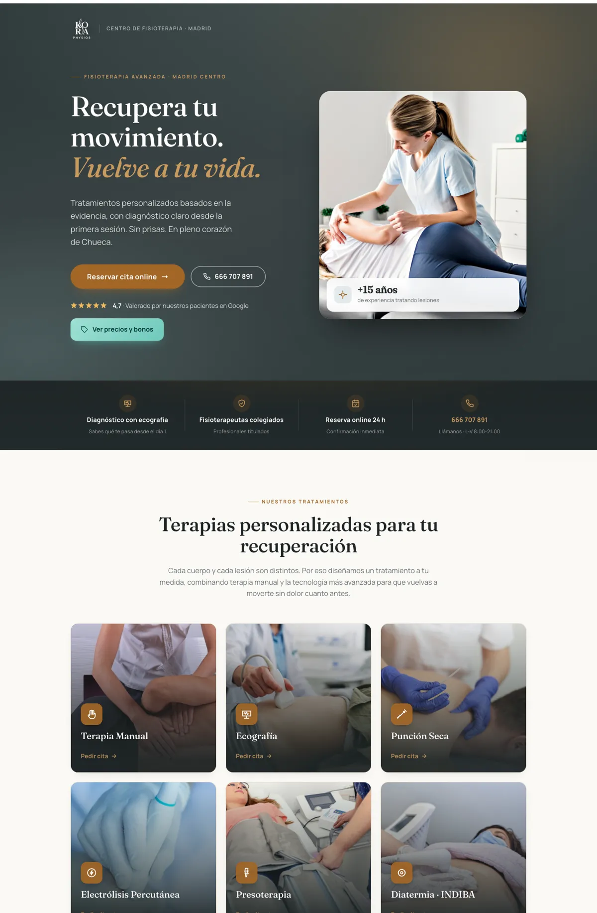 Landing de Kora Physios en escritorio: fisioterapia en Madrid centro