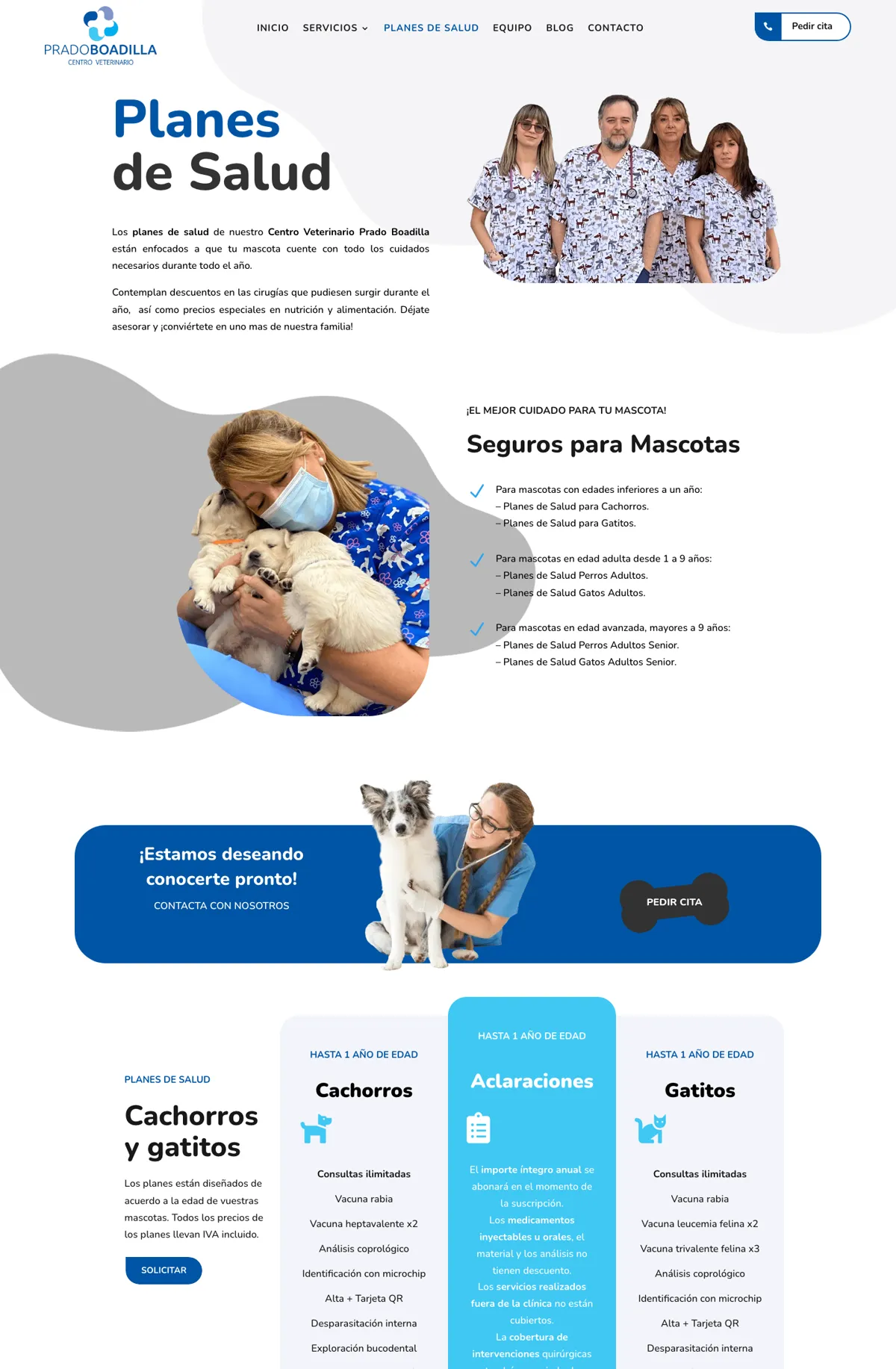 Web de la Clínica Veterinaria Prado de Boadilla: página de planes de salud